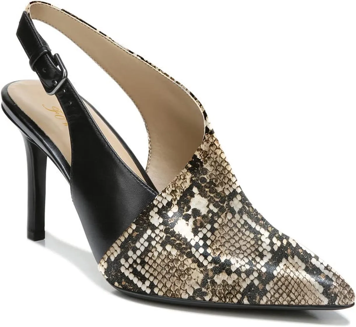 FOWT Spring Two Toned Patchwork Snakeskin Slingback Buckle Strap Black Pumps for Woman Elegant Pointed Toe 3 Inches High Heels Concise Casual Daily Dressy Shoes, US Size 4-16 M