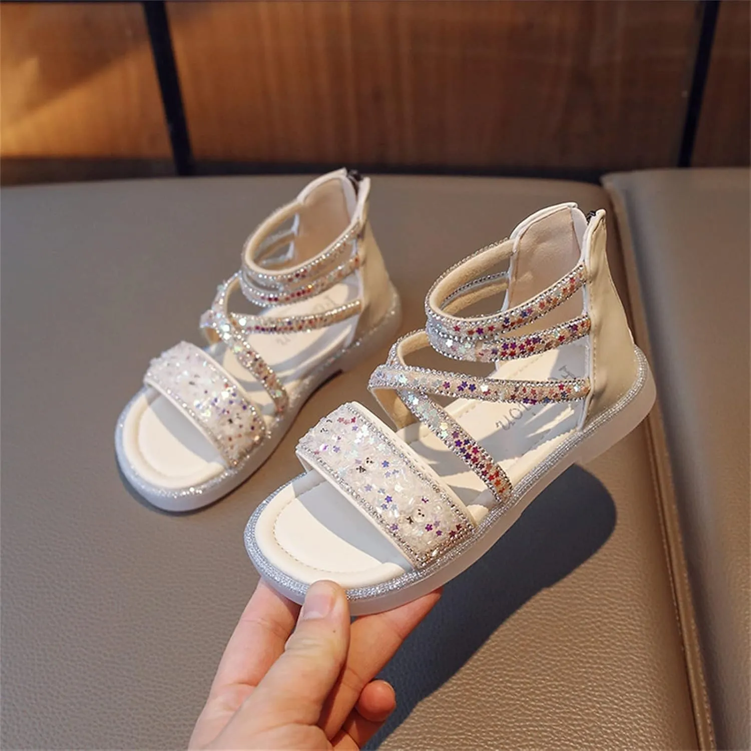 Girls Ankle Open Toe Sandals ow Heels Sequins Princess Shoes Toddler Summer Soft Sole Open Toe Dress Loafers Shoes
