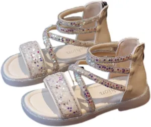 Girls Ankle Open Toe Sandals ow Heels Sequins Princess Shoes Toddler Summer Soft Sole Open Toe Dress Loafers Shoes