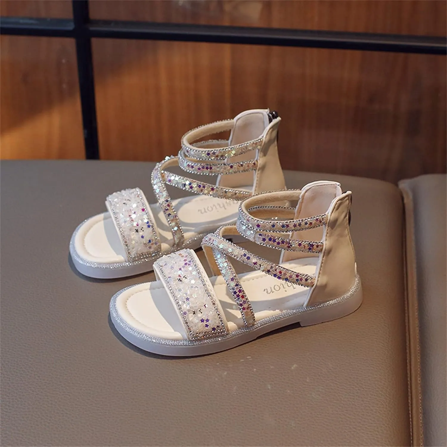 Girls Ankle Open Toe Sandals ow Heels Sequins Princess Shoes Toddler Summer Soft Sole Open Toe Dress Loafers Shoes