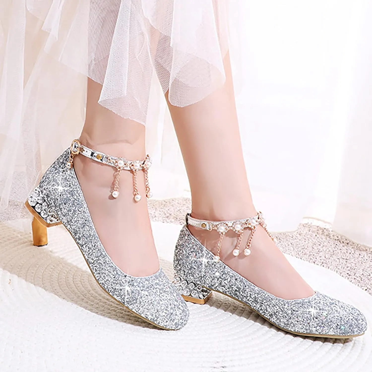 Girls Ankle Strap High Heels Big Kids Adorable parkle Mary Jane Dress Shoes Performance Wedding Pump Sandals