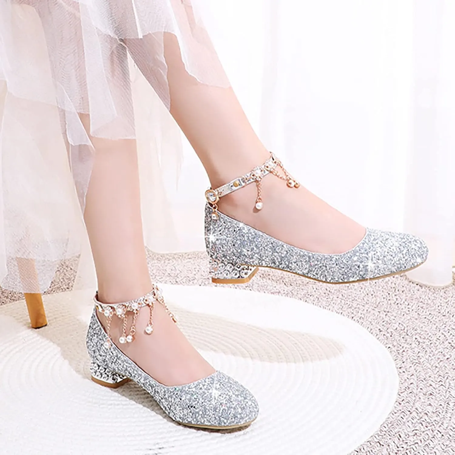 Girls Ankle Strap High Heels Big Kids Adorable parkle Mary Jane Dress Shoes Performance Wedding Pump Sandals