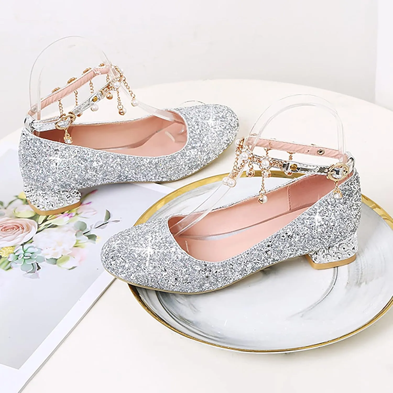 Girls Ankle Strap High Heels Big Kids Adorable parkle Mary Jane Dress Shoes Performance Wedding Pump Sandals