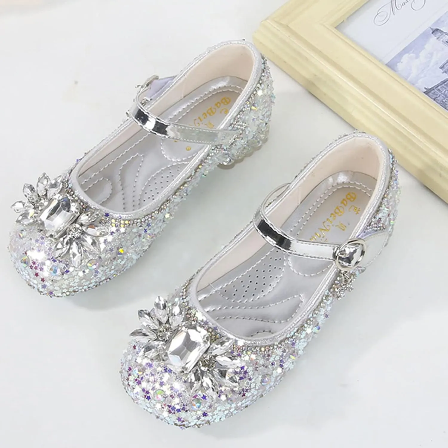 Girls Dress Shoes Glitter Princess Shoe Flower Mary Jane Low Heels Party Wedding Prom Footwear for Toddler Kids