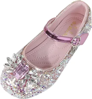 Girls Dress Shoes Glitter Princess Shoe Flower Mary Jane Low Heels Party Wedding Prom Footwear for Toddler Kids