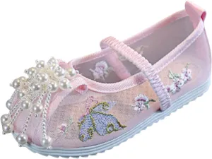 Girls Kids Ankle Pearl Canvas Sandals Baby Childrens Flat Soft Non Slip Shoes Summer Indoor Dress Dance Flower Sandals