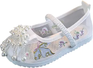 Girls Kids Ankle Pearl Canvas Sandals Baby Childrens Flat Soft Non Slip Shoes Summer Indoor Dress Dance Flower Sandals