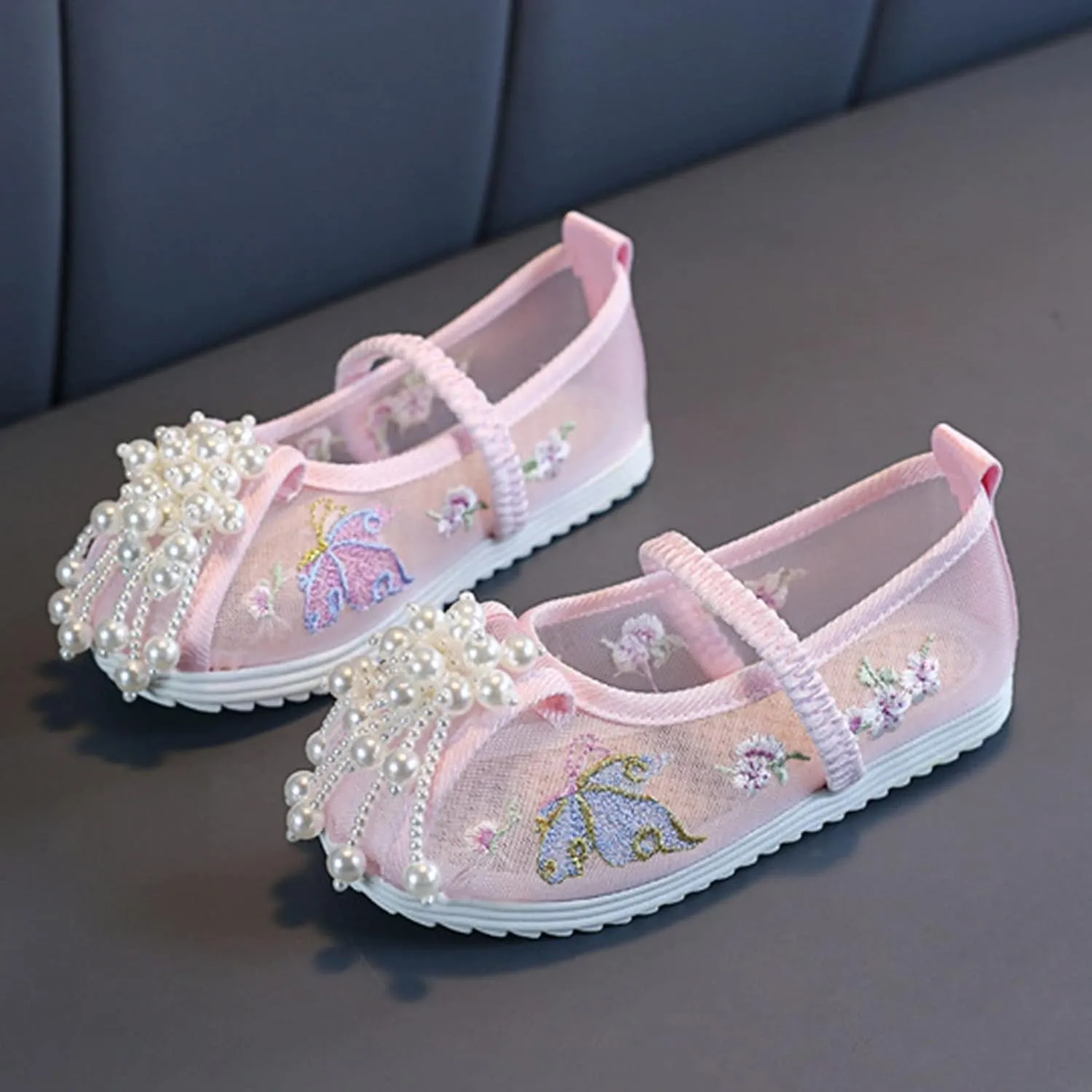 Girls Kids Ankle Pearl Canvas Sandals Baby Childrens Flat Soft Non Slip Shoes Summer Indoor Dress Dance Flower Sandals