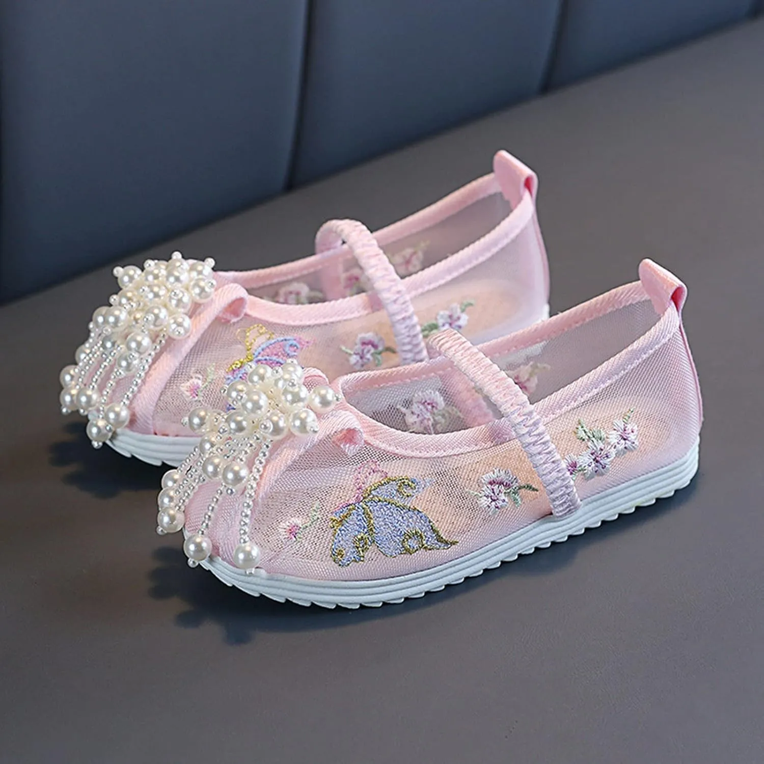 Girls Kids Ankle Pearl Canvas Sandals Baby Childrens Flat Soft Non Slip Shoes Summer Indoor Dress Dance Flower Sandals