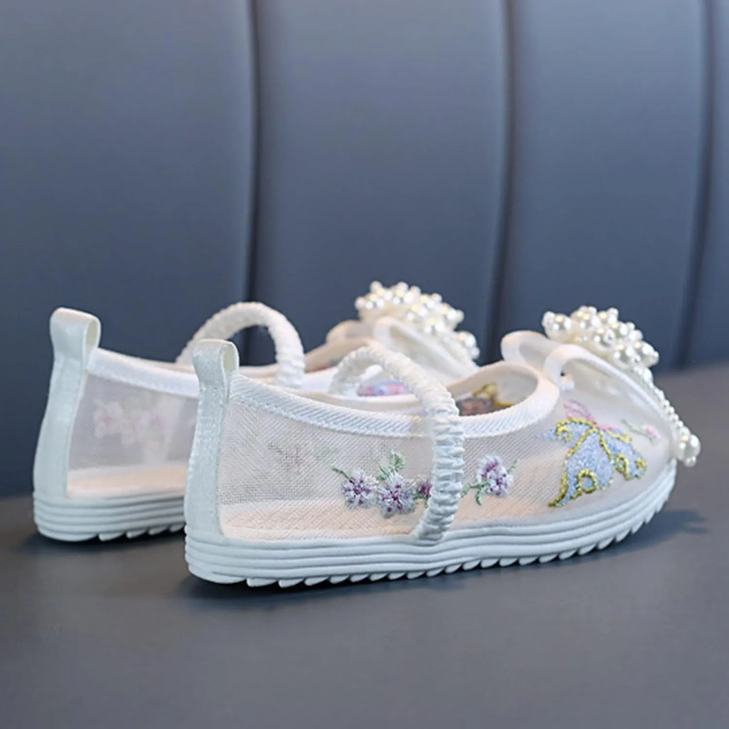 Girls Kids Ankle Pearl Canvas Sandals Baby Childrens Flat Soft Non Slip Shoes Summer Indoor Dress Dance Flower Sandals