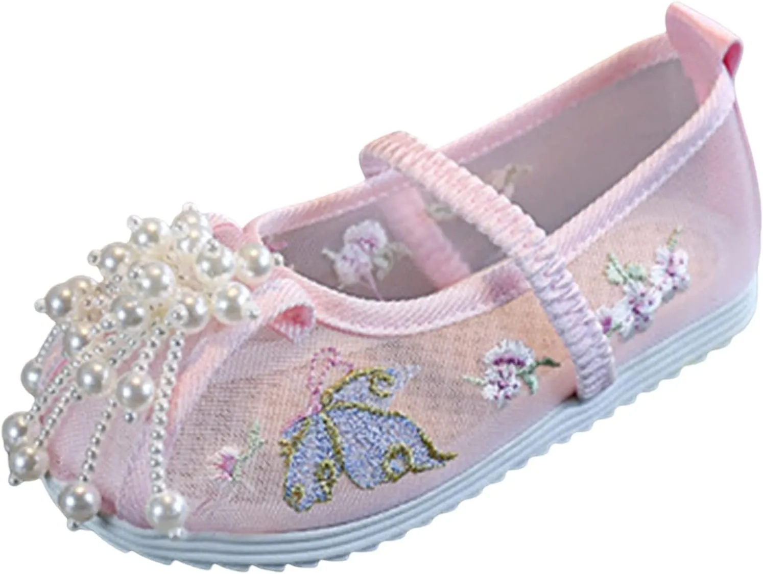 Girls Kids Ankle Pearl Canvas Sandals Baby Childrens Flat Soft Non Slip Shoes Summer Indoor Dress Dance Flower Sandals