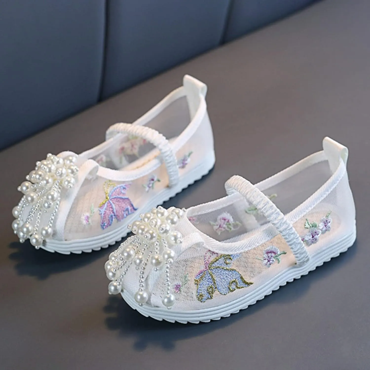 Girls Kids Ankle Pearl Canvas Sandals Baby Childrens Flat Soft Non Slip Shoes Summer Indoor Dress Dance Flower Sandals