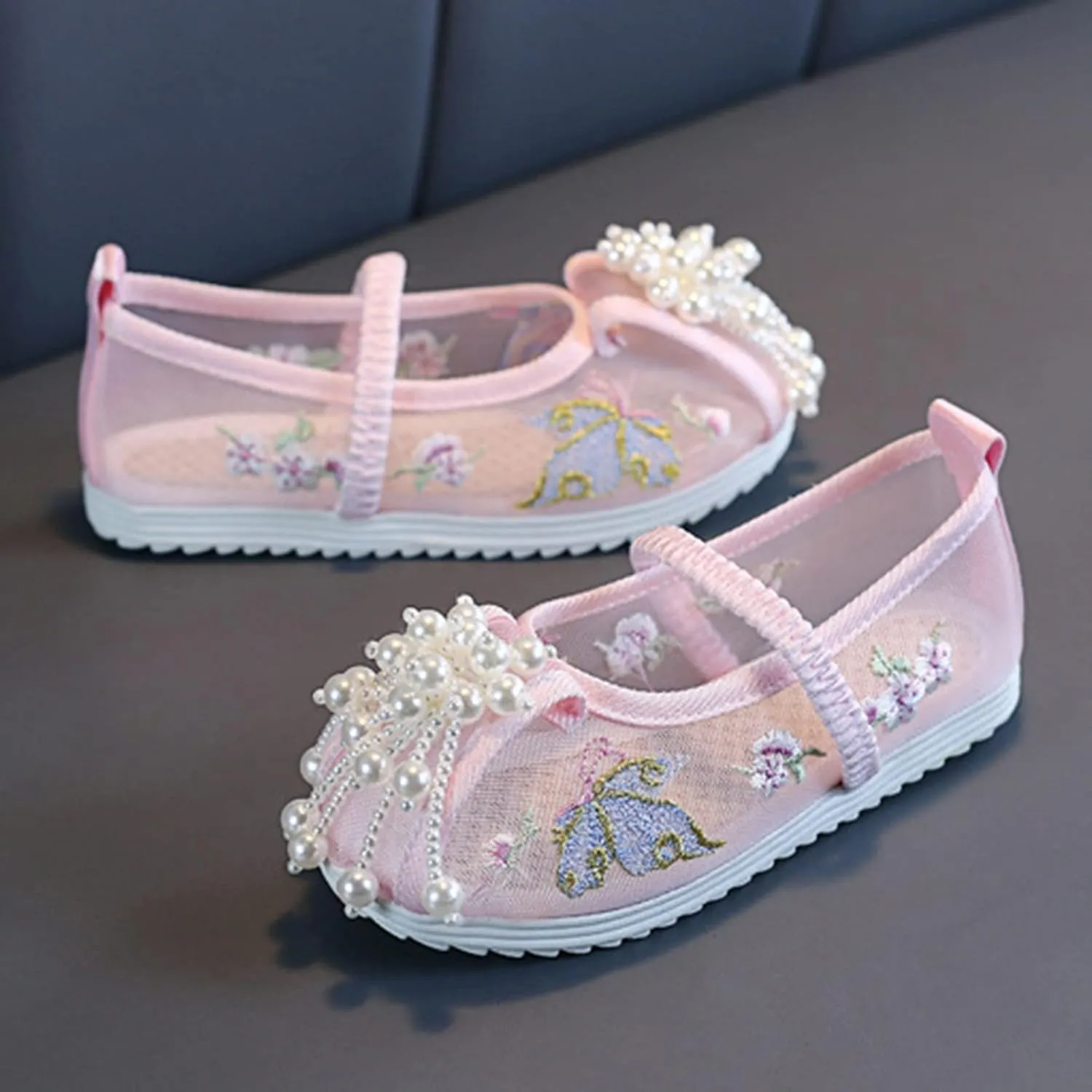 Girls Kids Ankle Pearl Canvas Sandals Baby Childrens Flat Soft Non Slip Shoes Summer Indoor Dress Dance Flower Sandals