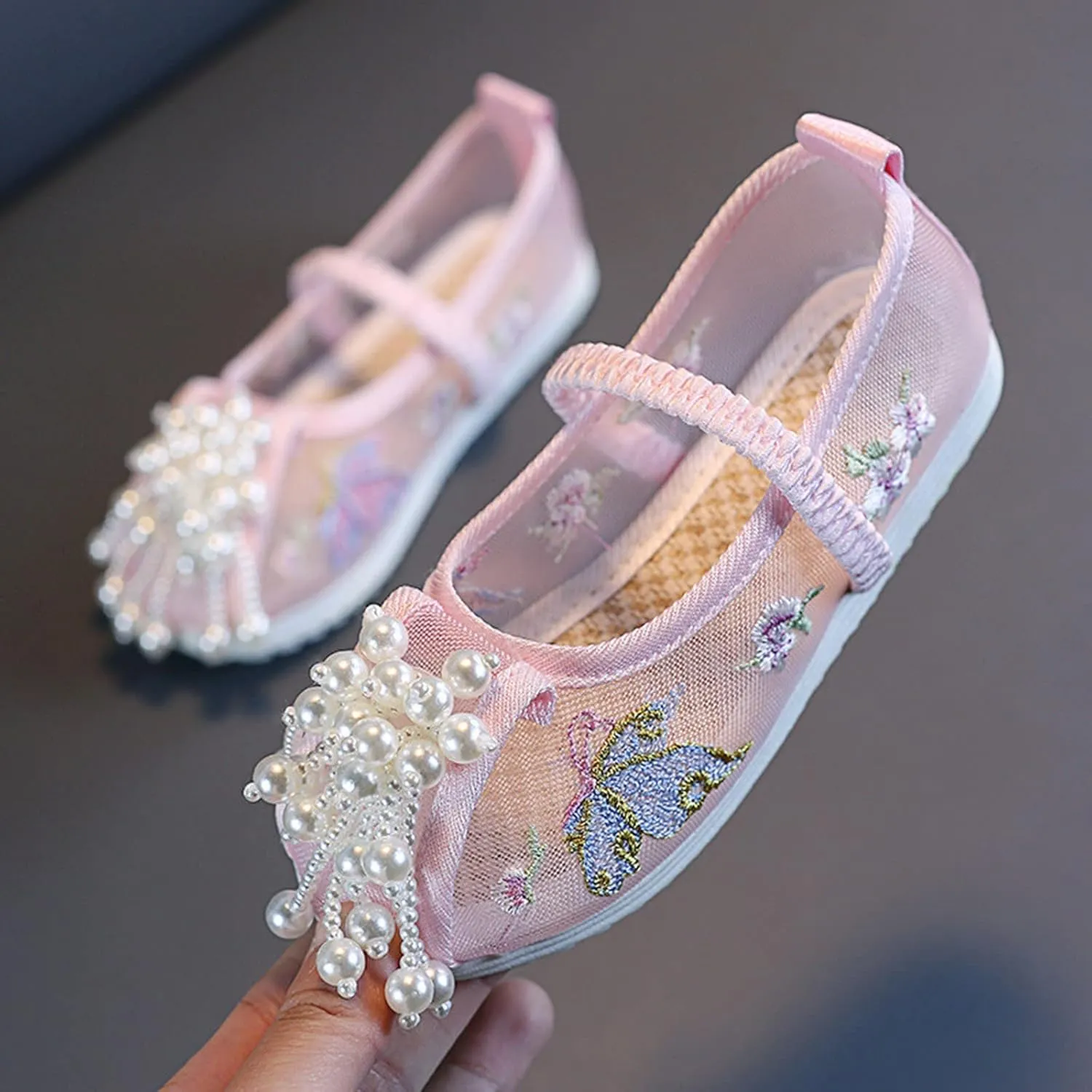 Girls Kids Ankle Pearl Canvas Sandals Baby Childrens Flat Soft Non Slip Shoes Summer Indoor Dress Dance Flower Sandals