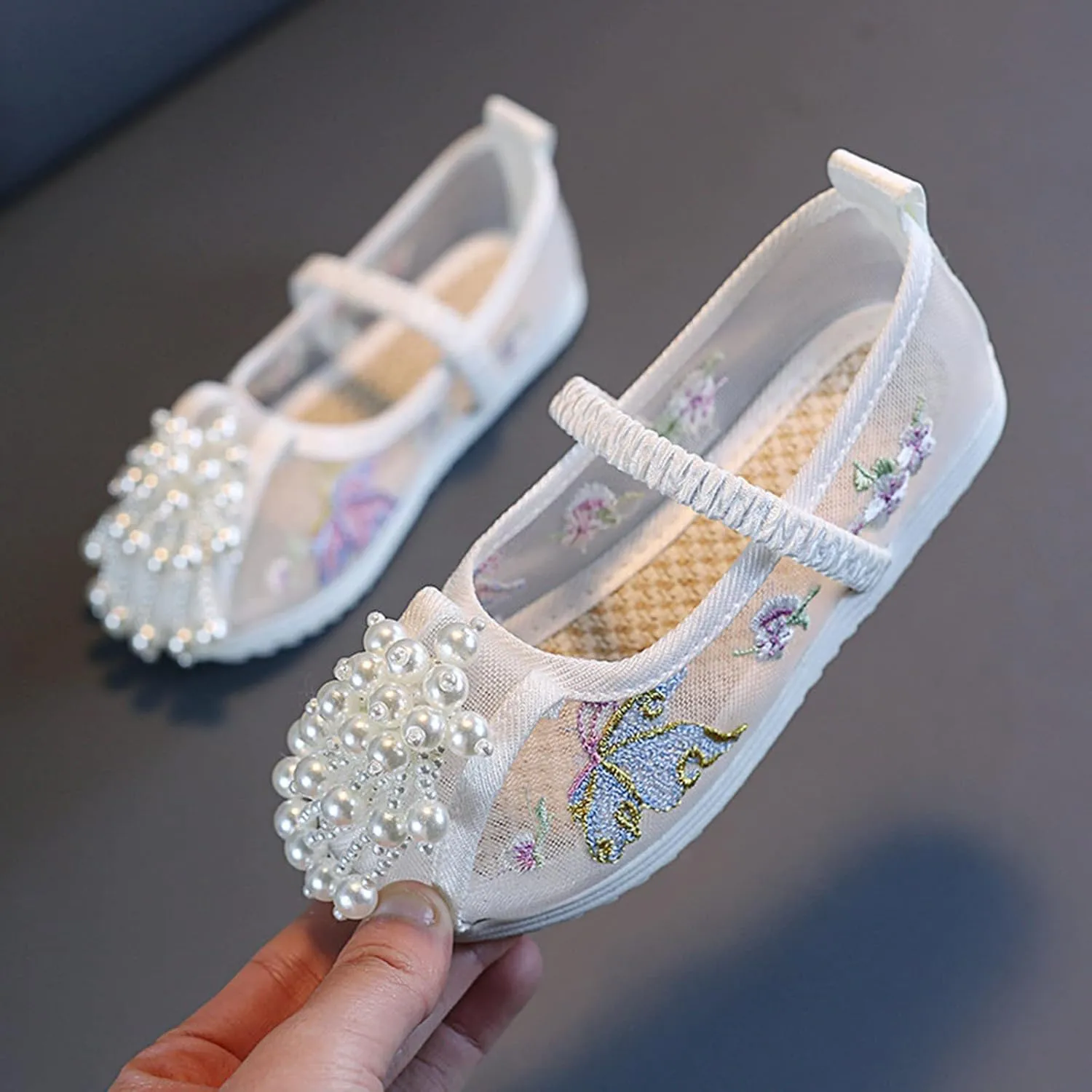 Girls Kids Ankle Pearl Canvas Sandals Baby Childrens Flat Soft Non Slip Shoes Summer Indoor Dress Dance Flower Sandals