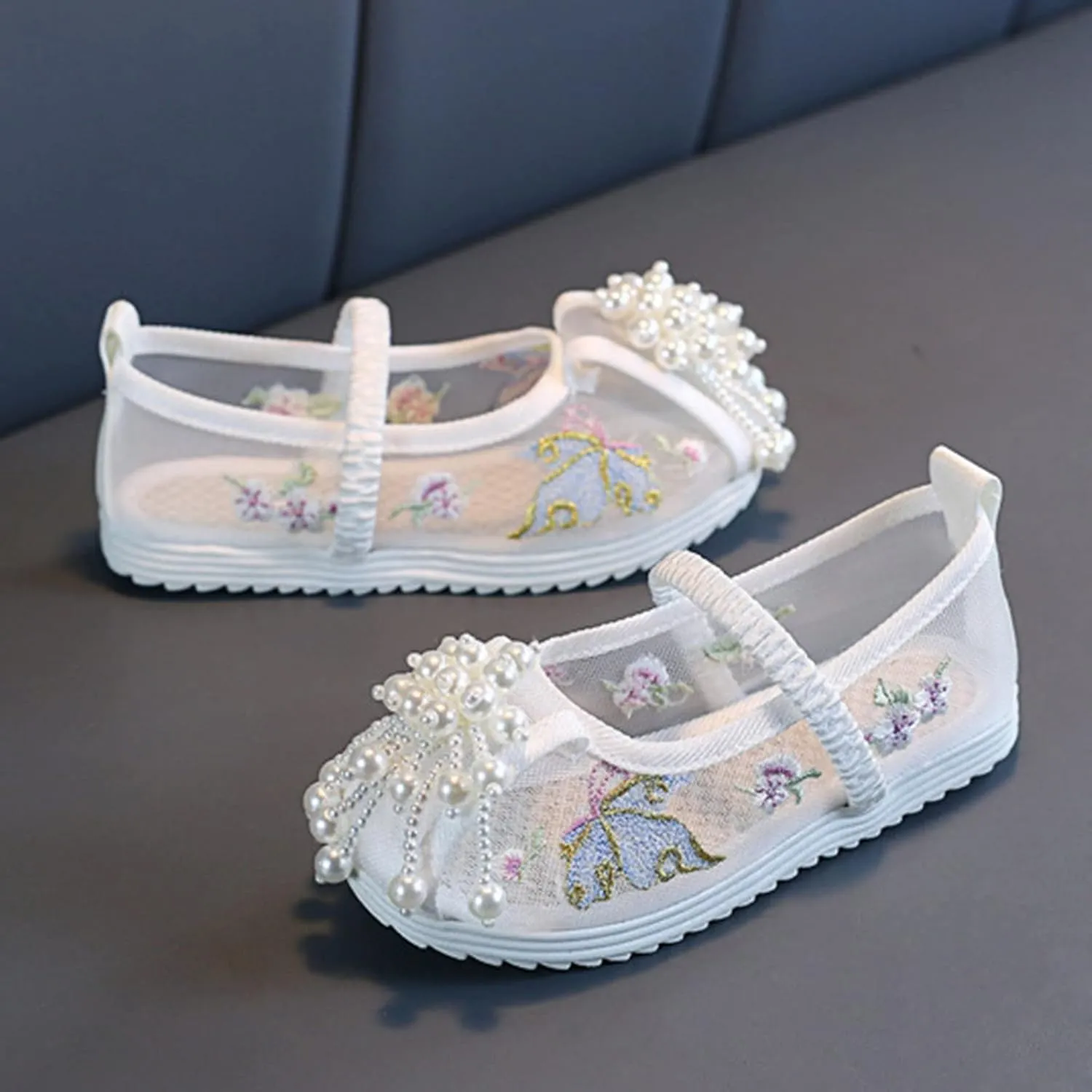 Girls Kids Ankle Pearl Canvas Sandals Baby Childrens Flat Soft Non Slip Shoes Summer Indoor Dress Dance Flower Sandals