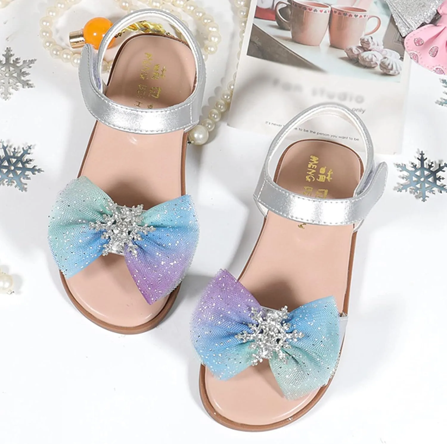 Girls Kids Bow Glitter Sandals Open Toe Rubber Sole Footbed Summer Dress Shoes Baby Toddler Flat Princess Sandals