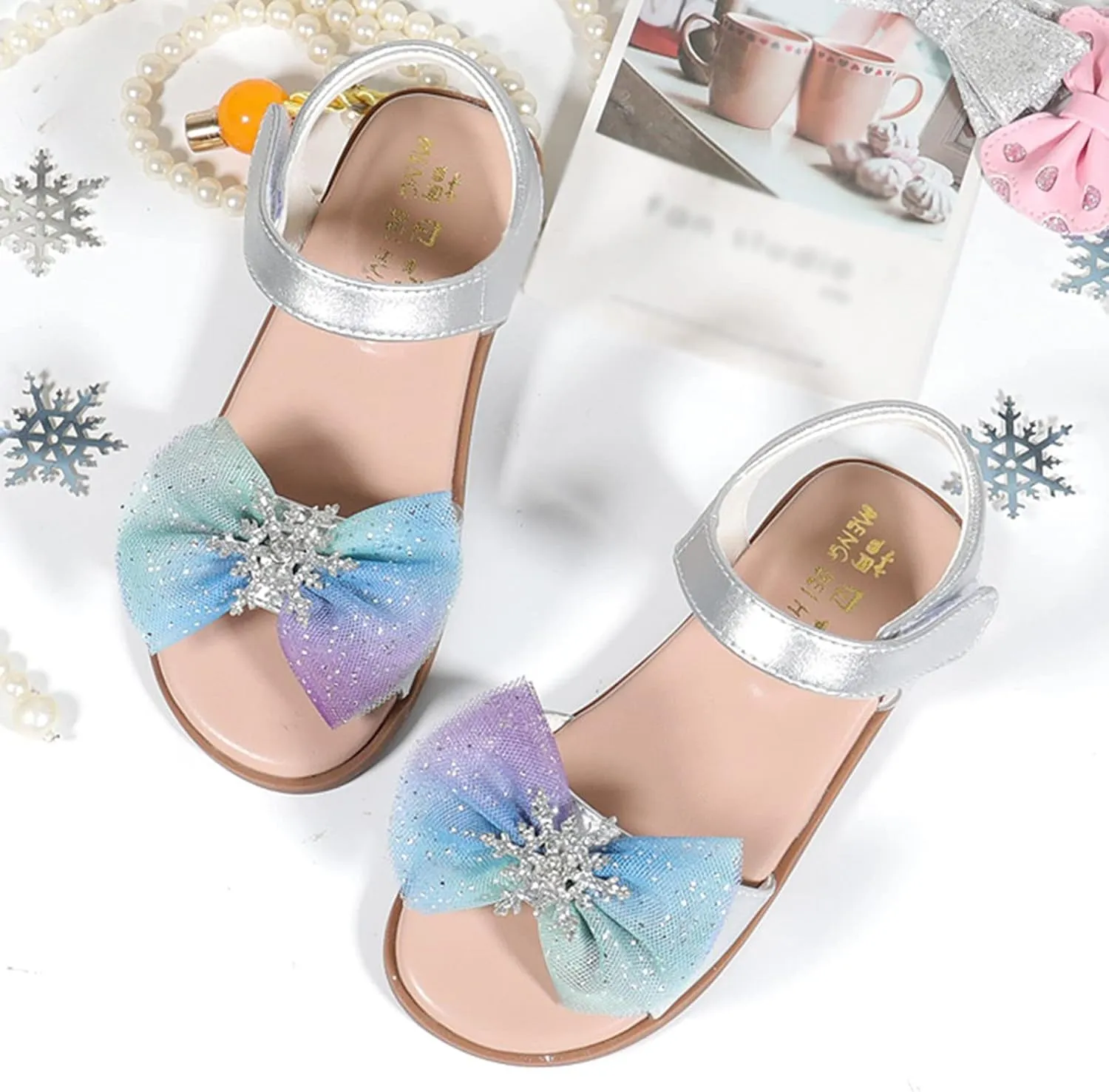 Girls Kids Bow Glitter Sandals Open Toe Rubber Sole Footbed Summer Dress Shoes Baby Toddler Flat Princess Sandals