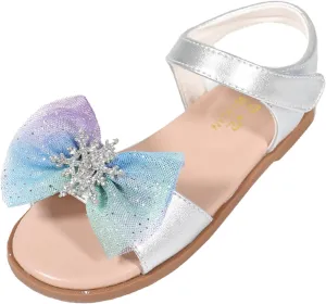 Girls Kids Bow Glitter Sandals Open Toe Rubber Sole Footbed Summer Dress Shoes Baby Toddler Flat Princess Sandals