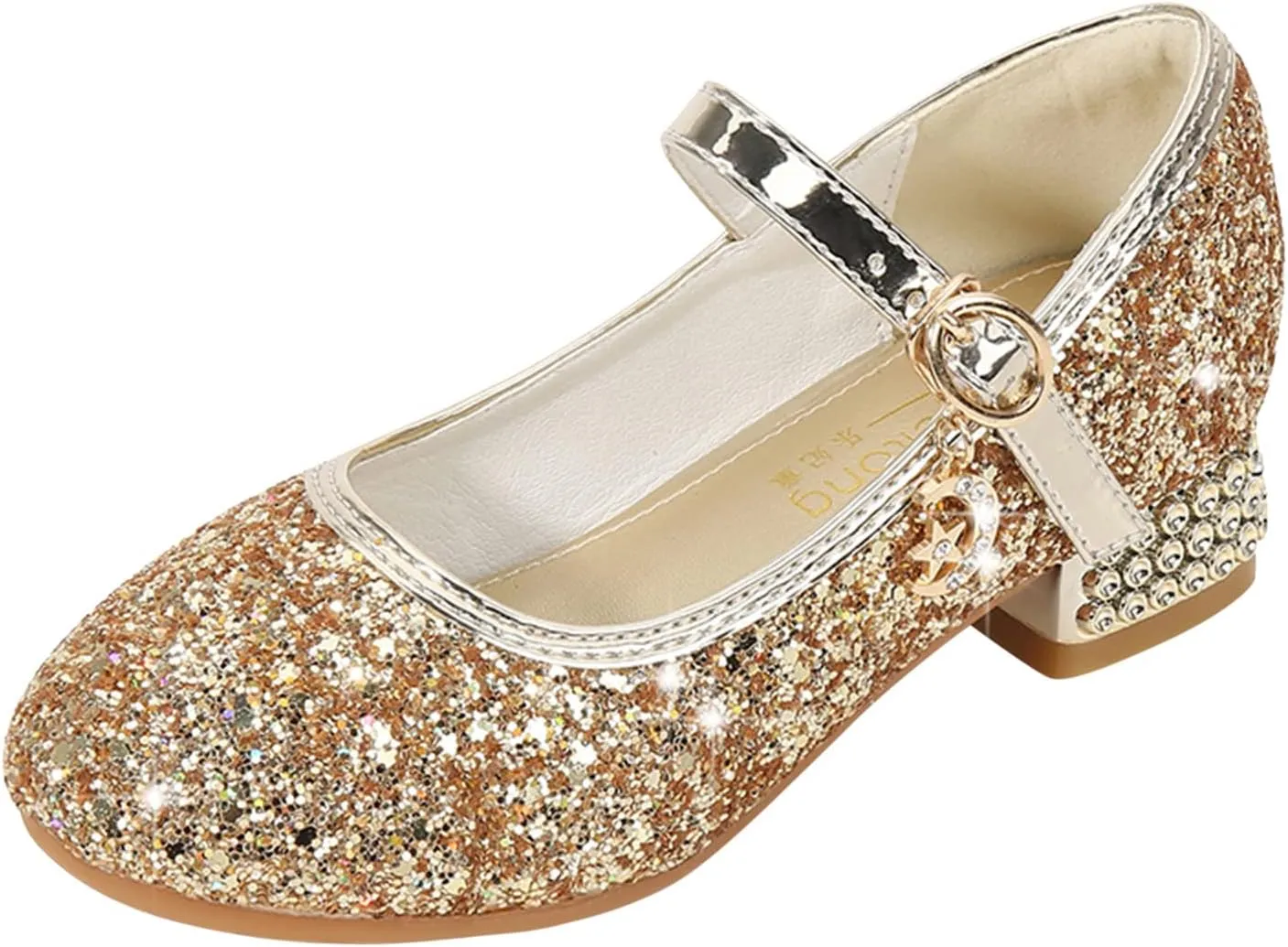 Girls Kids Gold Glitter Dress Dance Shoes High Heels Sandals Light Breathable Baby Rubber Sole Non Slip Shoes
