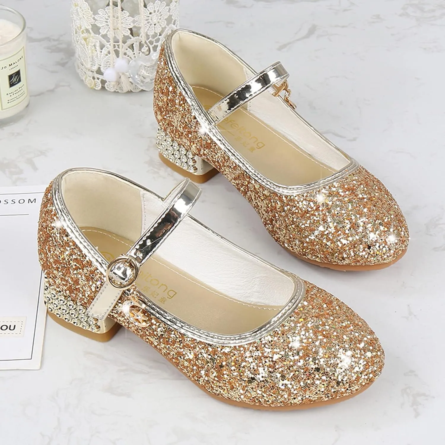 Girls Kids Gold Glitter Dress Dance Shoes High Heels Sandals Light Breathable Baby Rubber Sole Non Slip Shoes