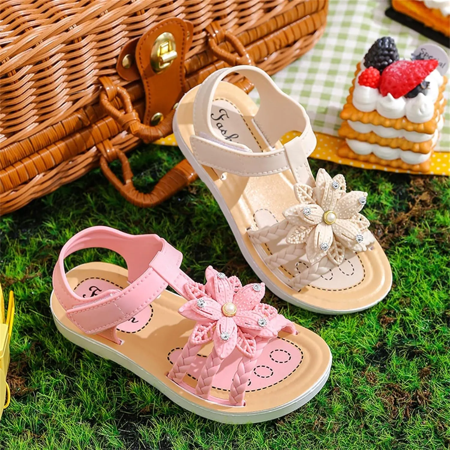 Girls Kids ink Rubber Sandals Soft Flat Flower Summer Shoes Strap Non Slip Shower Water Sandals Childrens Fashion