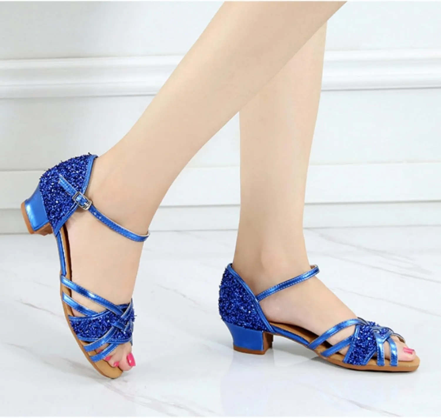 Girls Latin Dance Shoes Low Heels Ballroom Sals Tango Performance Practice Dance Shoes for Toddler Kids Tan