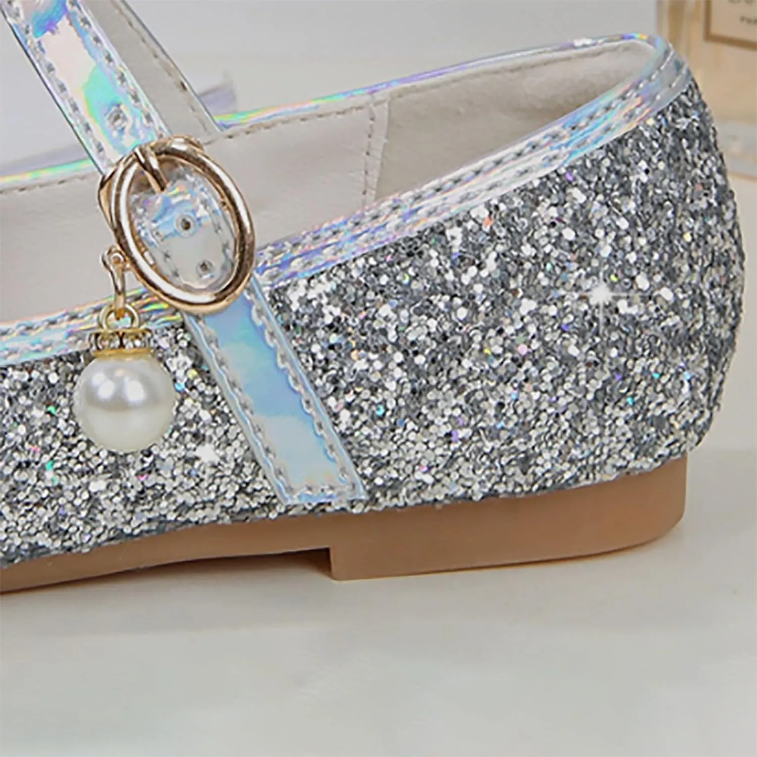 Girls Sequins Sandals with Strap Pearl Closed Toe Ankle Low Heel Princess Wedding Dance Shoes Fancy Non Slip Sandals
