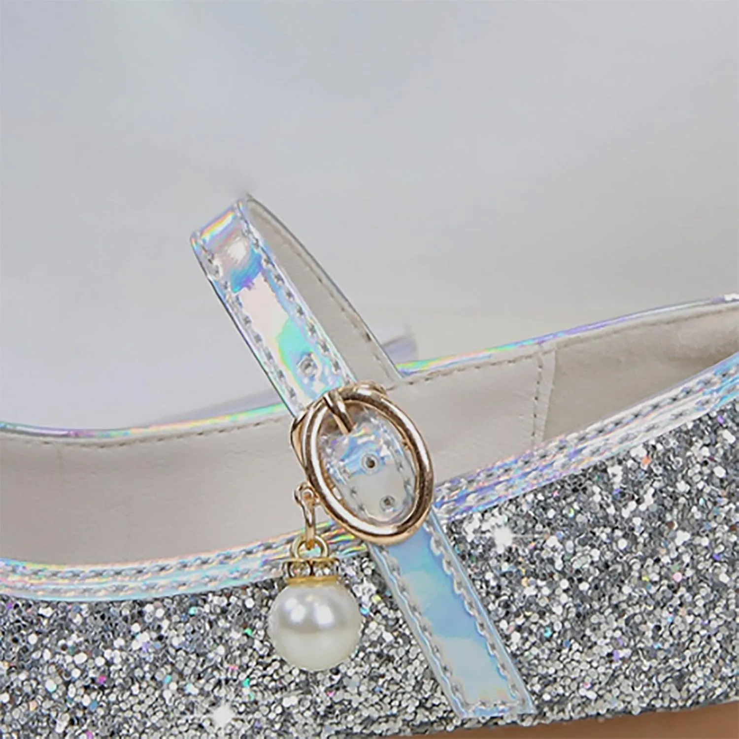 Girls Sequins Sandals with Strap Pearl Closed Toe Ankle Low Heel Princess Wedding Dance Shoes Fancy Non Slip Sandals