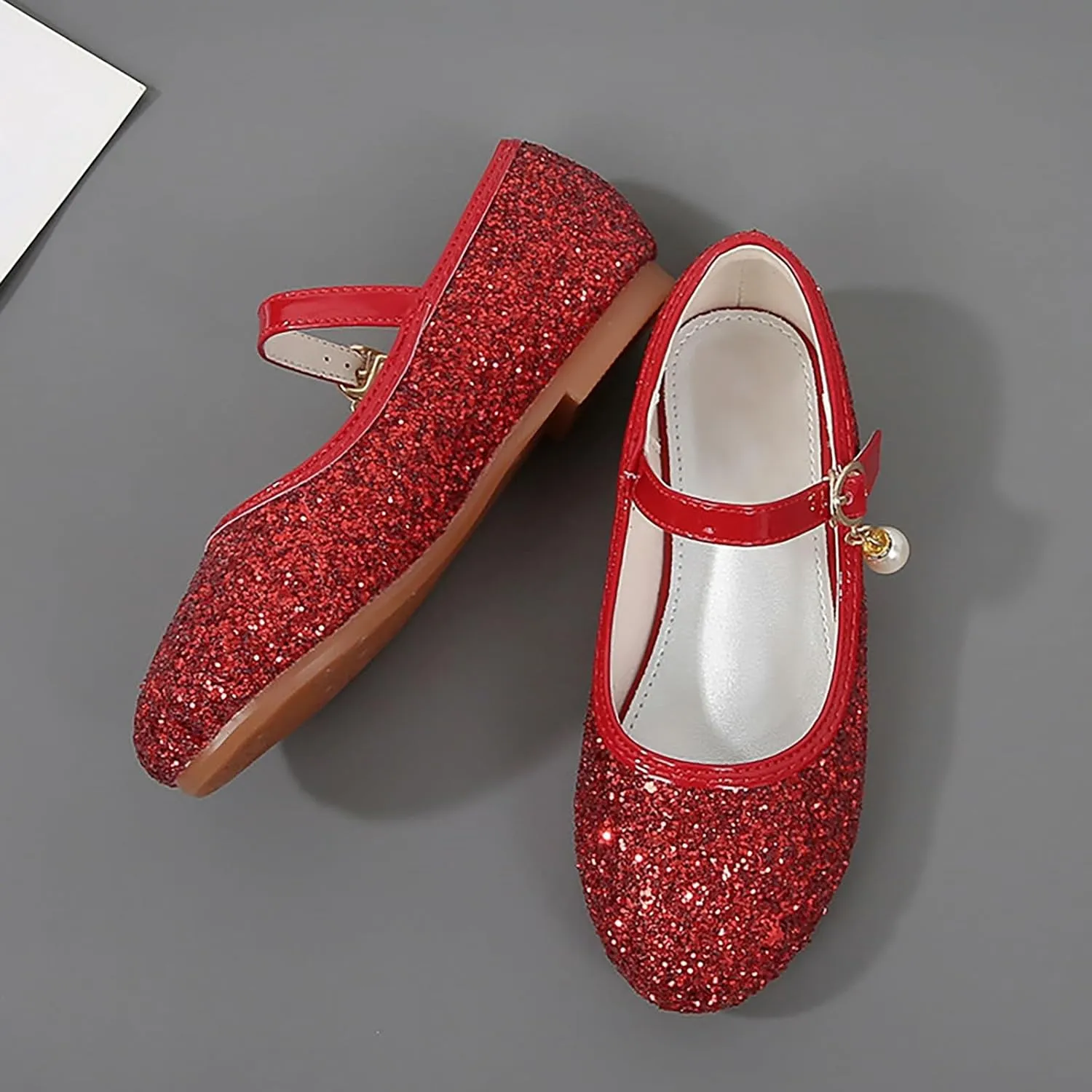 Girls Sequins Sandals with Strap Pearl Closed Toe Ankle Low Heel Princess Wedding Dance Shoes Fancy Non Slip Sandals