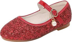 Girls Sequins Sandals with Strap Pearl Closed Toe Ankle Low Heel Princess Wedding Dance Shoes Fancy Non Slip Sandals