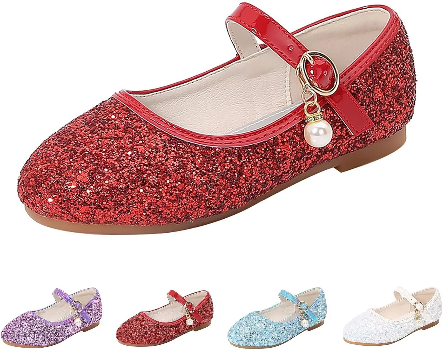 Girls Sequins Sandals with Strap Pearl Closed Toe Ankle Low Heel Princess Wedding Dance Shoes Fancy Non Slip Sandals