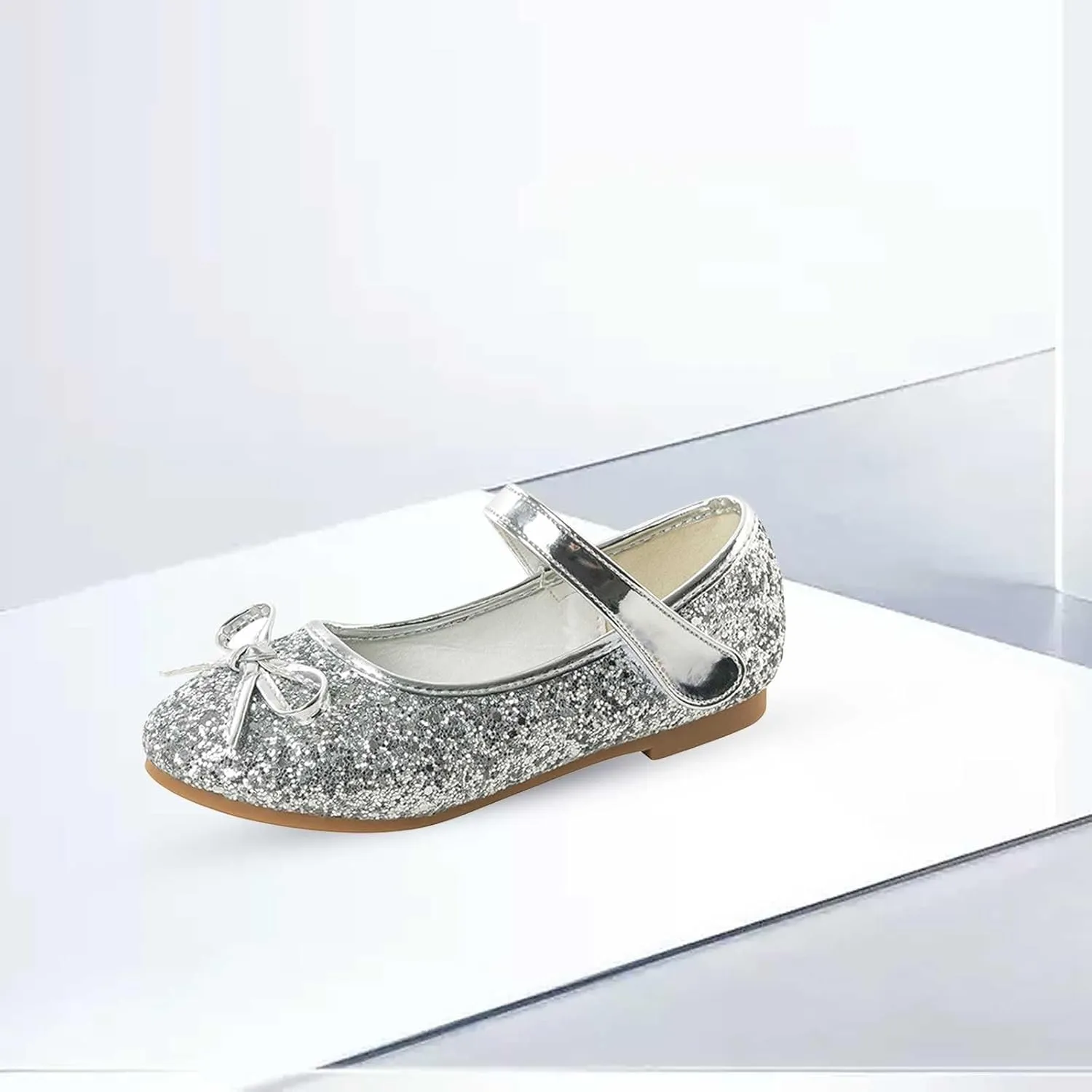 Girls Wedding Party Low Heel Flats Rhinestones Bow Ballet Glitter Mary Jane Shoes Shining Ankle Strap Flower Shoes