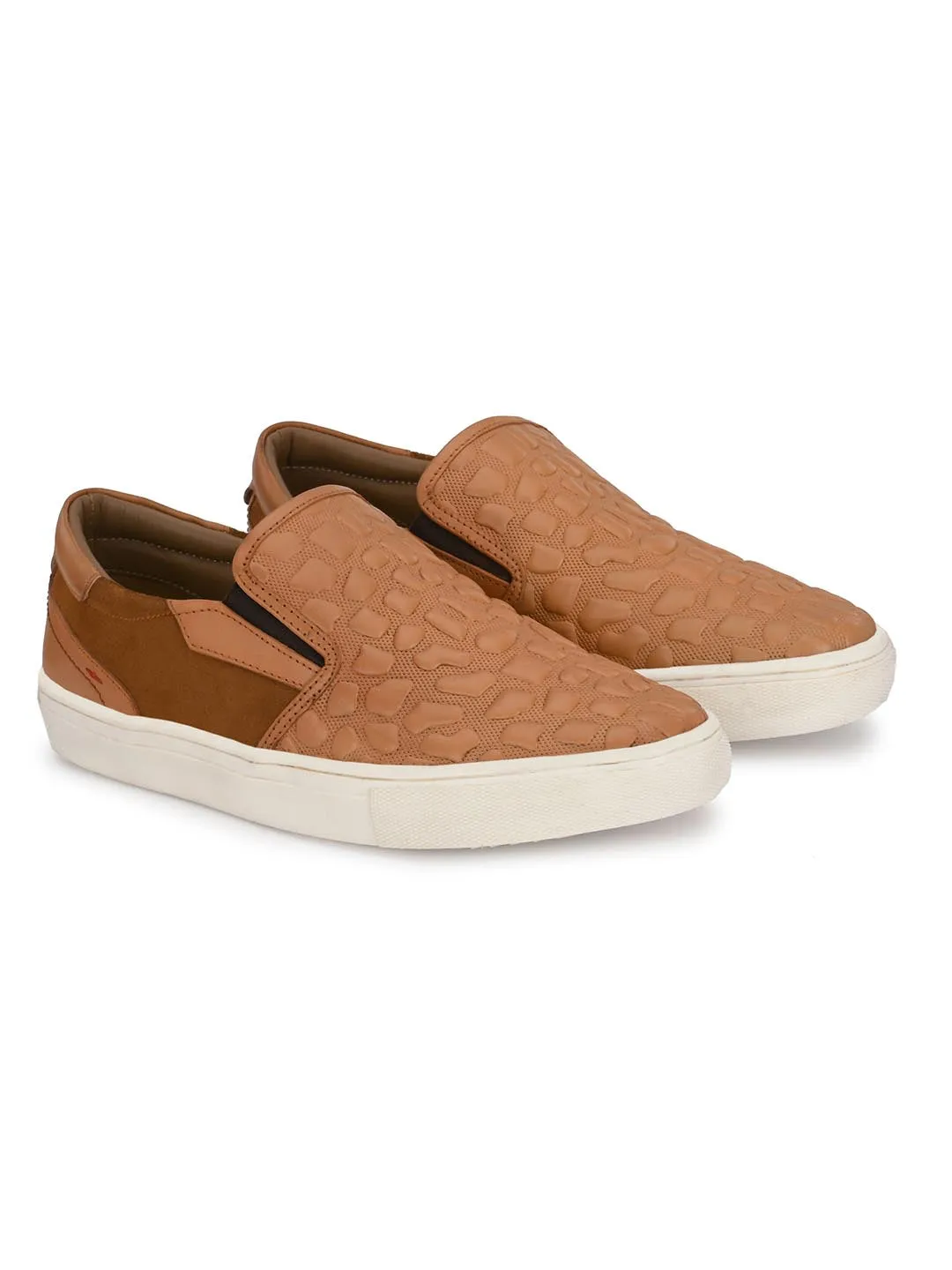 Hitz Men's Tan Leather Slip-On Casual Sneaker Shoes