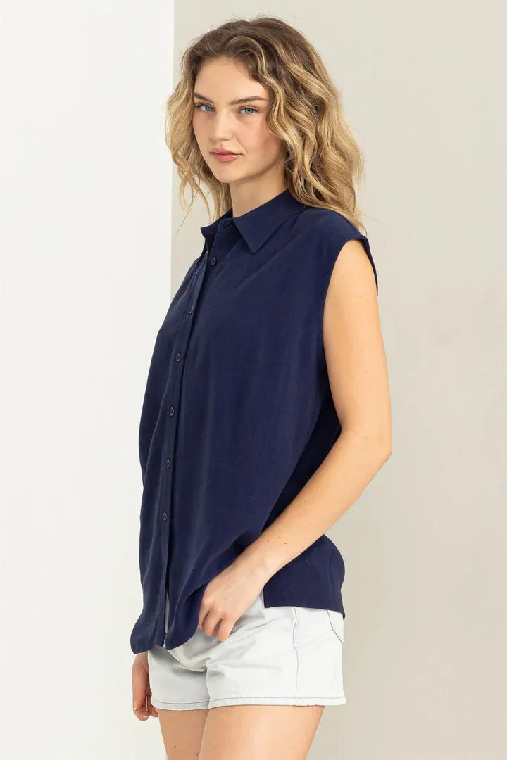 Hyfve Daytime Darling Linen Button Up Sleeveless Shirt In Dark Night