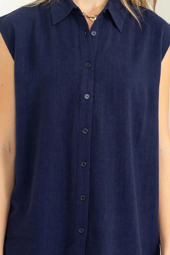 Hyfve Daytime Darling Linen Button Up Sleeveless Shirt In Dark Night