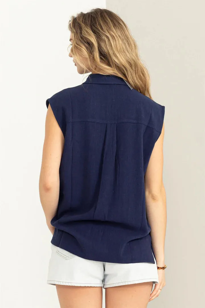 Hyfve Daytime Darling Linen Button Up Sleeveless Shirt In Dark Night