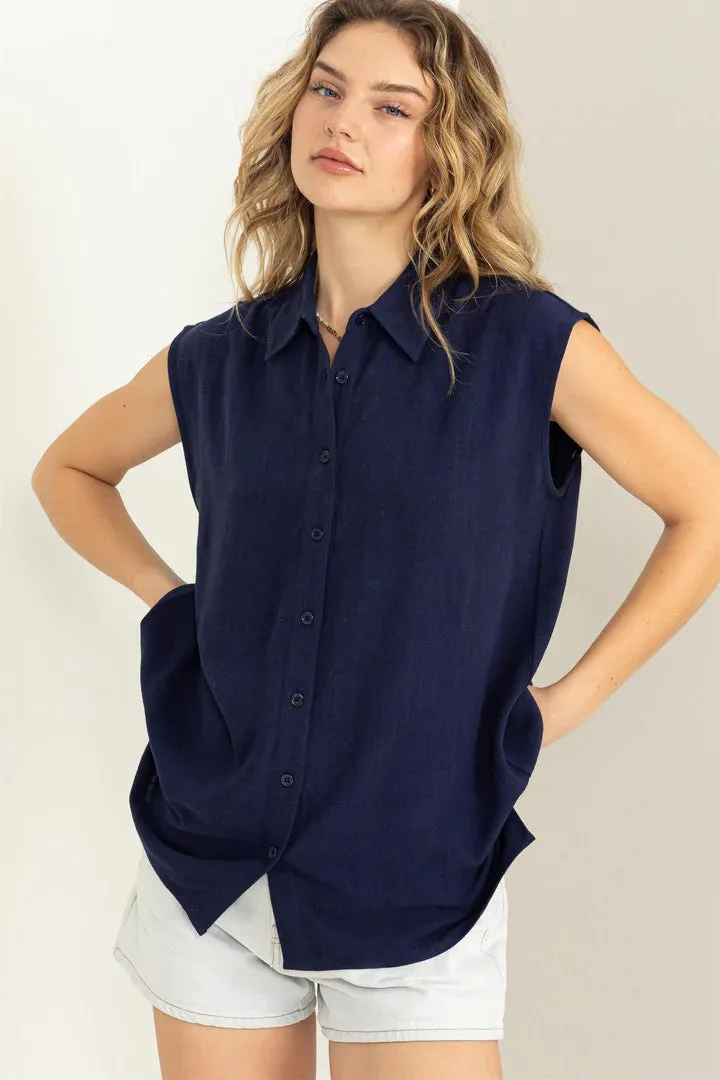 Hyfve Daytime Darling Linen Button Up Sleeveless Shirt In Dark Night