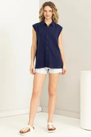 Hyfve Daytime Darling Linen Button Up Sleeveless Shirt In Dark Night