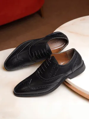 Jet Black Egyptian Crust Leather Wingtip Brogue Shoes