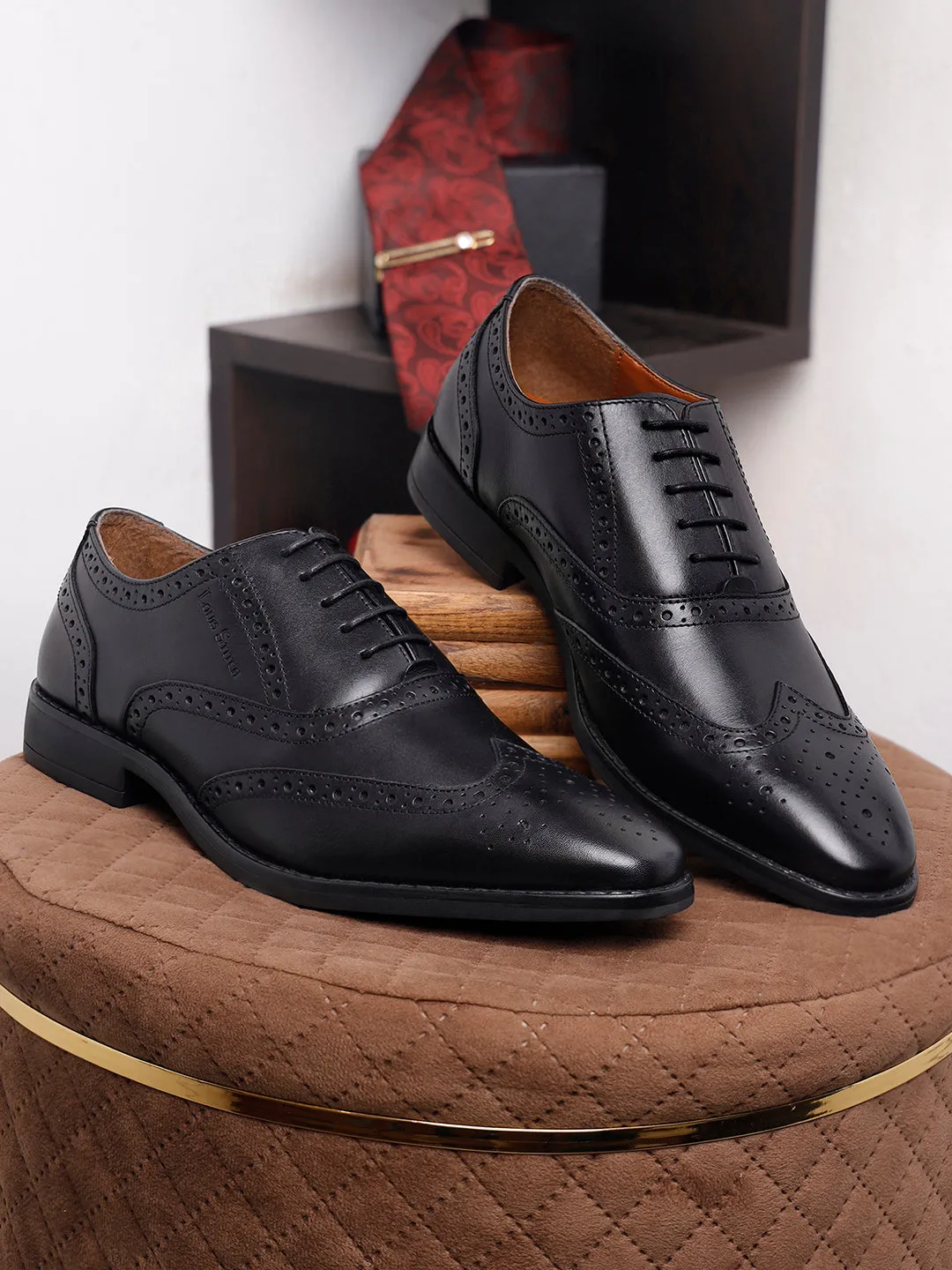 Jet Black Egyptian Crust Leather Wingtip Brogue Shoes