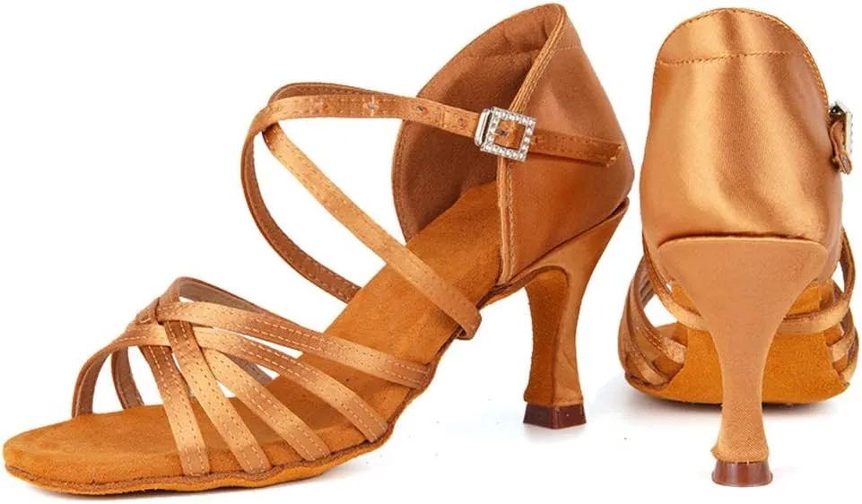 JUODVMP Satin Latin Dance Shoes Women Suede Bottom Professional Practice Open Toe Ankle Strap Ballroom Dance Shoes,Model 213ZS