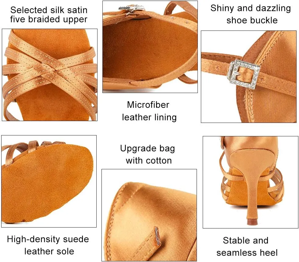 JUODVMP Satin Latin Dance Shoes Women Suede Bottom Professional Practice Open Toe Ankle Strap Ballroom Dance Shoes,Model 213ZS