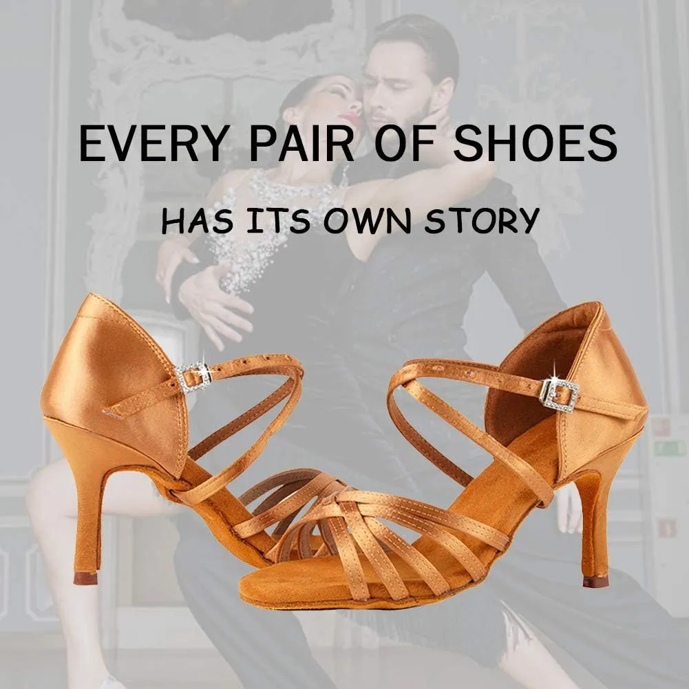 JUODVMP Satin Latin Dance Shoes Women Suede Bottom Professional Practice Open Toe Ankle Strap Ballroom Dance Shoes,Model 213ZS