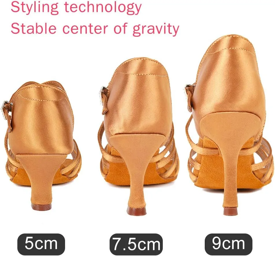 JUODVMP Satin Latin Dance Shoes Women Suede Bottom Professional Practice Open Toe Ankle Strap Ballroom Dance Shoes,Model 213ZS