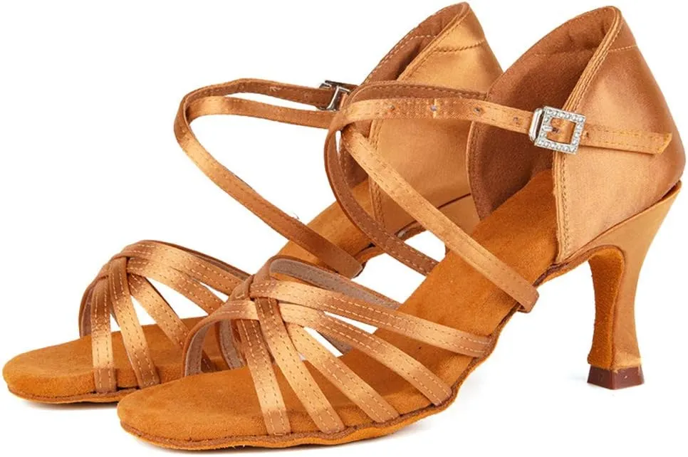 JUODVMP Satin Latin Dance Shoes Women Suede Bottom Professional Practice Open Toe Ankle Strap Ballroom Dance Shoes,Model 213ZS