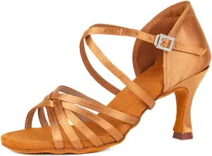 JUODVMP Satin Latin Dance Shoes Women Suede Bottom Professional Practice Open Toe Ankle Strap Ballroom Dance Shoes,Model 213ZS