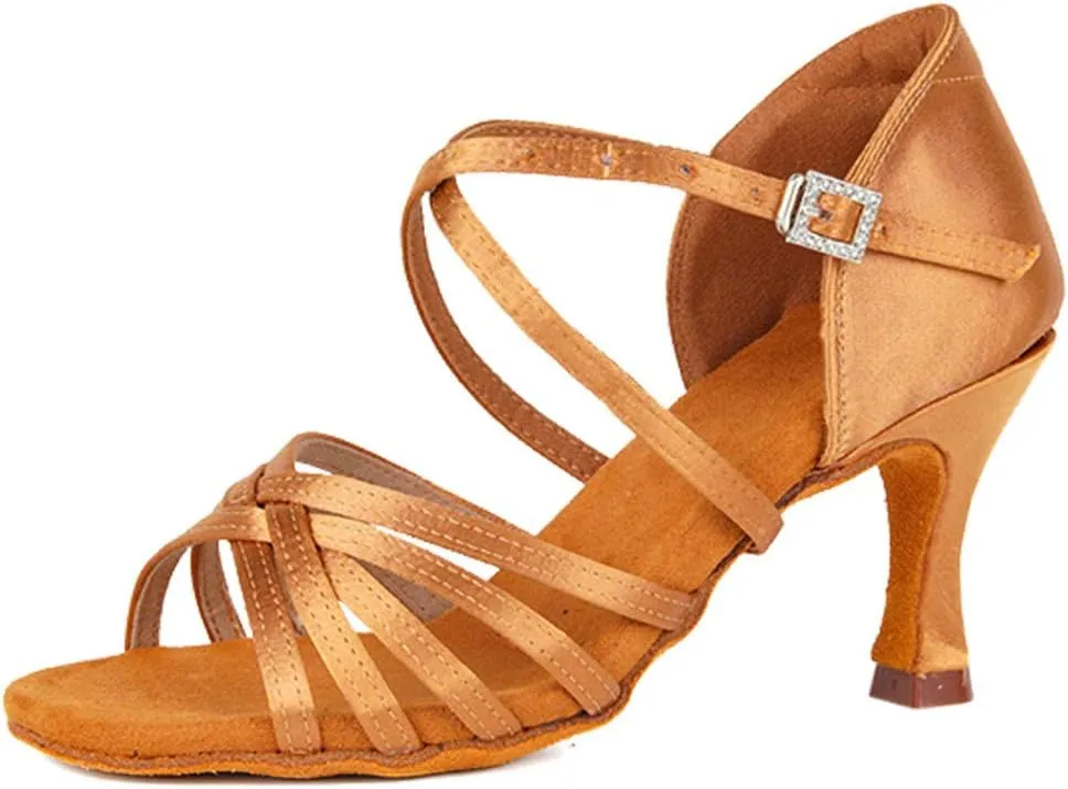 JUODVMP Satin Latin Dance Shoes Women Suede Bottom Professional Practice Open Toe Ankle Strap Ballroom Dance Shoes,Model 213ZS