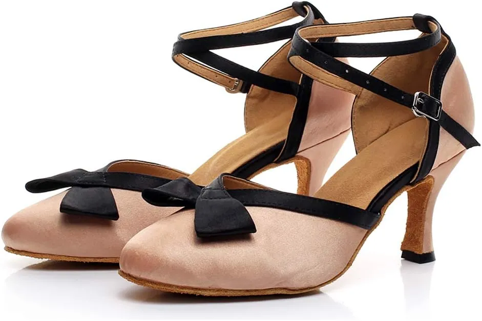 JUODVMP Women's Satin Mulitcolor Crossed Ankle Straps Closed Toe Ballroom Latin Salsa Dance Shoes Model QJW7117