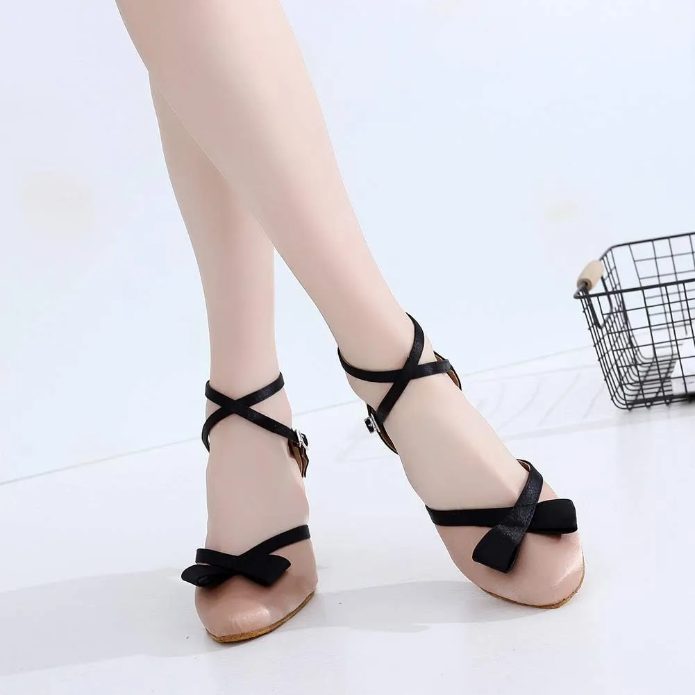 JUODVMP Women's Satin Mulitcolor Crossed Ankle Straps Closed Toe Ballroom Latin Salsa Dance Shoes Model QJW7117